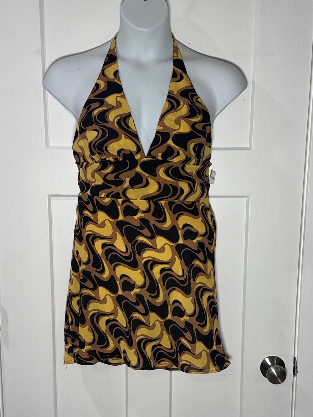 Cotton Candy Yellow & Black Smocked Halter Dress Retro Print